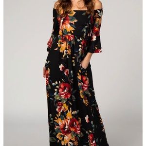 Women’s Pinkblush Black Floral Off Shoulder Ruffle Sleeve Maxi Dress